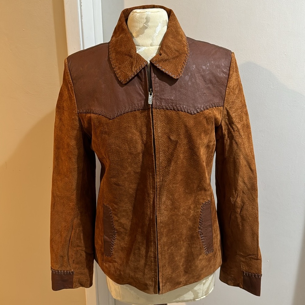 Lee Vintage Chestnut Brown Leather Suede Embossed Zip Up Lined Jacket M